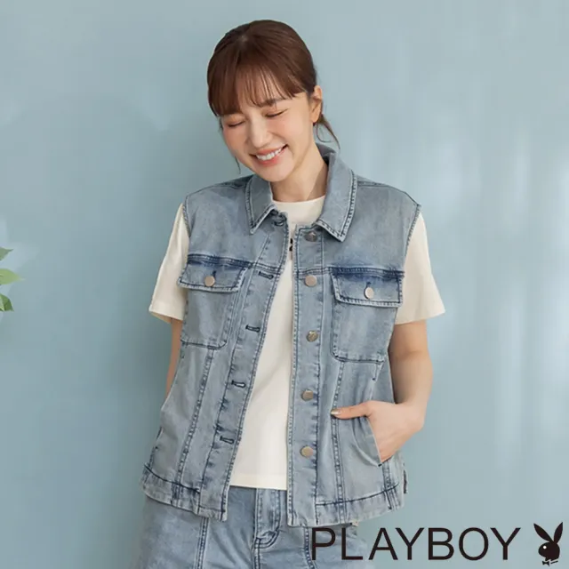 【PLAYBOY】潮流寬鬆設計牛仔背心 - 淺藍色