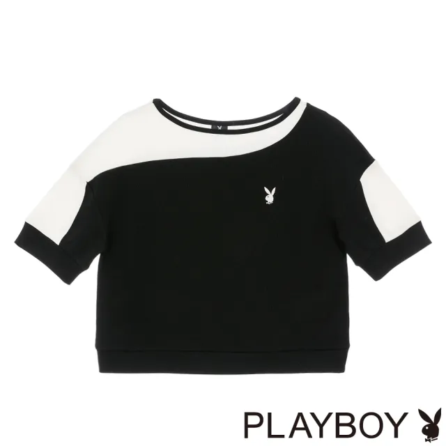 【PLAYBOY】一字領撞色連袖上衣 - 深咖色