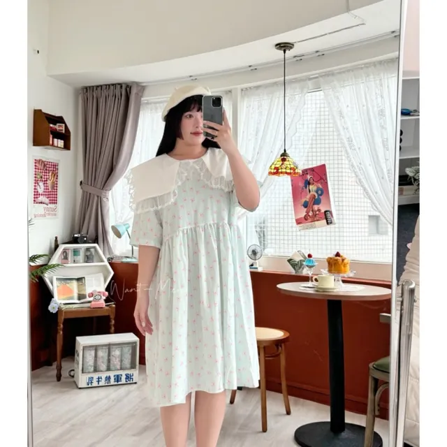 【Want-Meow】80公斤可穿/日系蕾絲拼接蝴蝶結短洋裝中大尺碼(大碼/大尺碼/加大碼/連身洋裝)