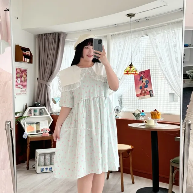 【Want-Meow】80公斤可穿/日系蕾絲拼接蝴蝶結短洋裝中大尺碼(大碼/大尺碼/加大碼/連身洋裝)