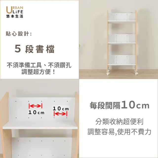 【URBAN LiFE 悠本生活】書の收納架附書檔(三層大容量移動書架/附煞車輪/書櫃/層架/置物架/台灣製MIT)