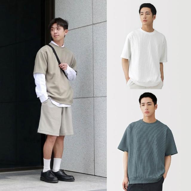 【MUJI 無印良品】男抗UV速乾鬆餅紋圓領短袖T恤(柔白/灰色/黑色/煙燻藍/暗藍/灰棕/淺藍/煙燻棕)