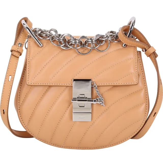 【Chloe’ 蔻依】Drew Bijou Mini 絎縫小牛皮銀釦鍊帶小豬包-奶茶色