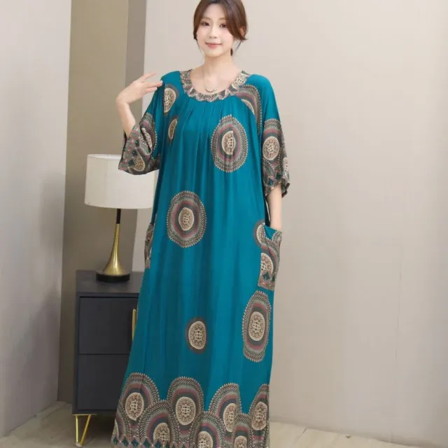 【巴黎精品】極速出貨 連身裙棉綢洋裝大尺碼女裝(圓領寬鬆花色遮肉顯瘦連衣裙女裙子22款b1a13)