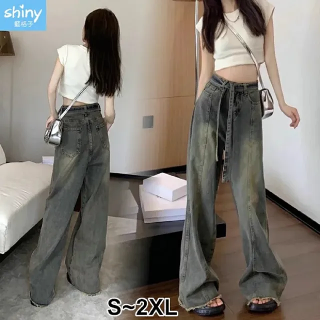 【Shiny 藍格子】高腰綁帶毛邊闊腿拖地牛仔褲 V5221 現+預