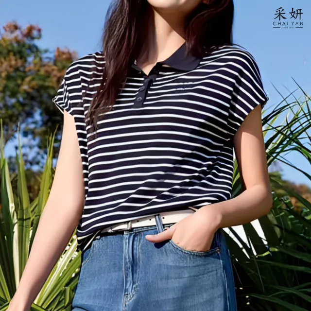 【CHAI YAN 采妍】花朵刺繡連肩翻領短袖上衣(春夏新款上衣-65-78公斤可穿)
