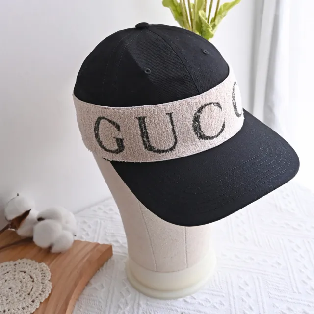 【GUCCI 古馳】經典品牌英文大LOGO棉質棒球帽鴨舌帽(黑)