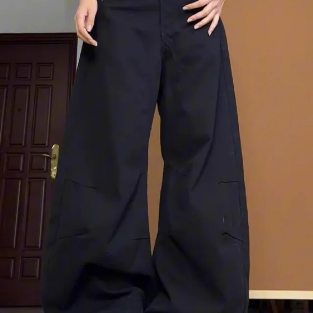 【ASister 小姊姊】AS2383#女裝｜休閒褲☆中大尺碼美拉德梨身顯瘦彎刀褲/寬褲(黑色 S-5XL)
