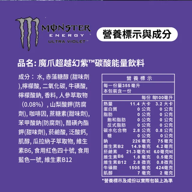 【Monster Energy 魔爪】超越幻紫碳酸飲料易開罐355MLX24入/箱(無糖)