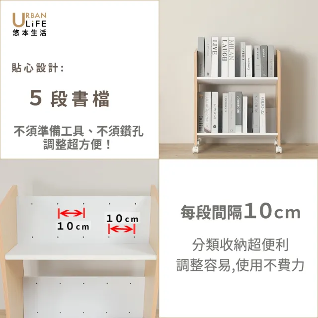 【URBAN LiFE 悠本生活】書の收納架附書檔(兩層大容量移動書架/附煞車輪/書櫃/層架/置物架/台灣製MIT)
