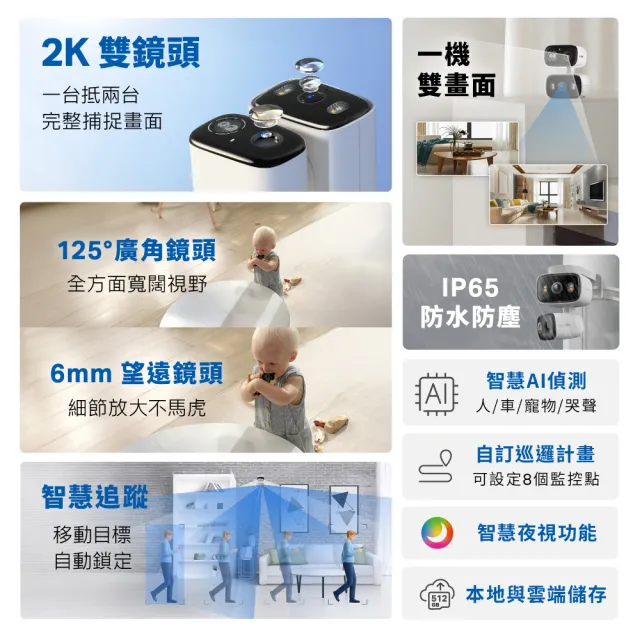 (雙入組)【TP-Link】雙鏡頭2K300萬畫素室內/室外固定+旋轉 無線網路Wi-Fi監視器支援512GB(Tapo C246D)