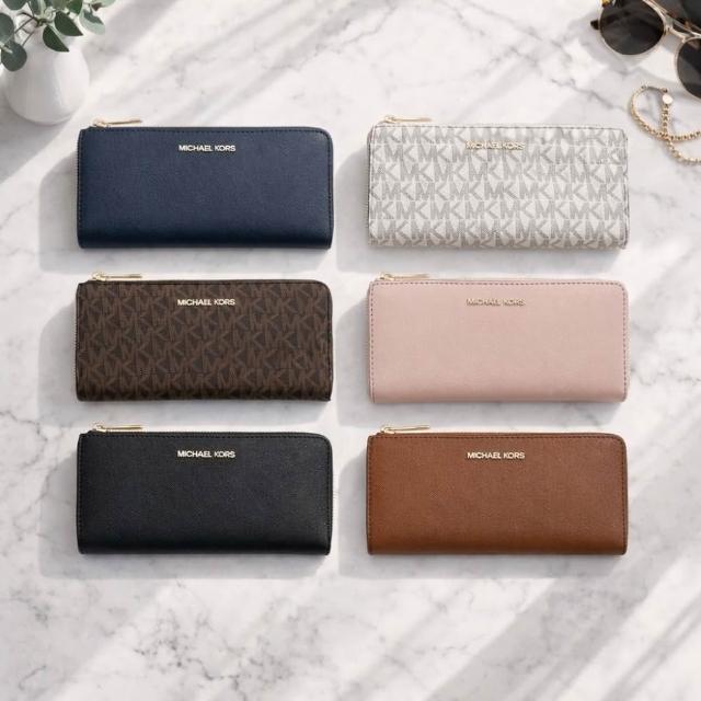 【Michael Kors】MK Jet Set Travel 老花滿版 素面 L型拉鍊 長夾 皮夾(35F8GTVZ3B)