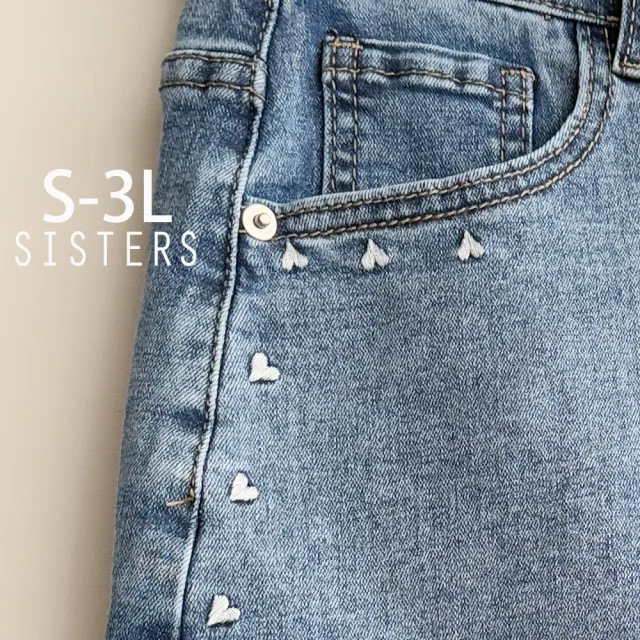 【SISTERS】好穿的顯瘦愛心滾邊牛仔短裙/S-3L(女下著/短裙/顯瘦/裙子/加大/丹寧/牛仔裙)
