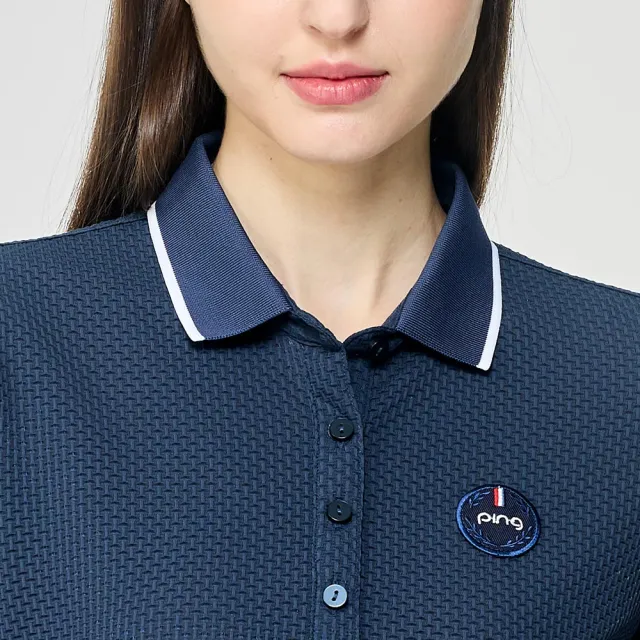 【PING】女款立體織紋高彈力短袖POLO衫-藍(GOLF/高爾夫球衫/RA26101-57)