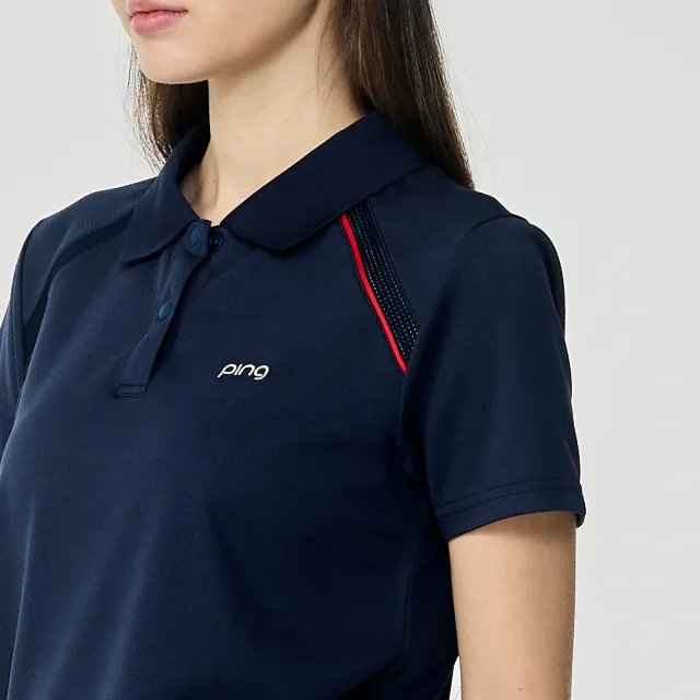 【PING】女款伸縮織帶涼感短袖POLO衫-深藍(吸濕排汗/GOLF/高爾夫球衫/RA26115-58)
