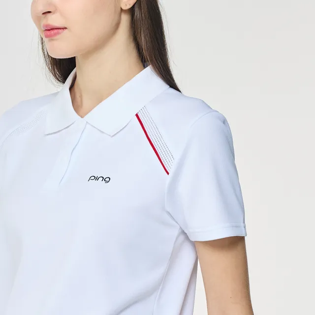 【PING】女款伸縮織帶涼感短袖POLO衫-白(吸濕排汗/GOLF/高爾夫球衫/RA26115-87)