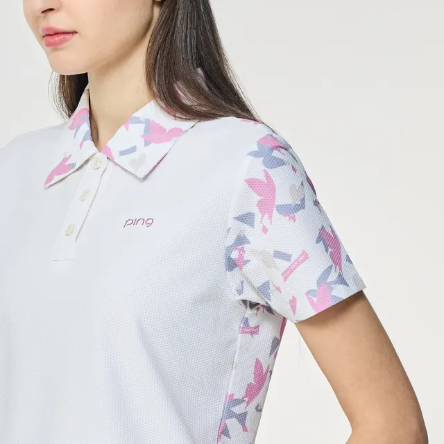 【PING】女款飛鳥與蝴蝶高爾夫短袖POLO衫-白(吸濕排汗/環保素材/GOLF/高爾夫球衫/RA26116-73)