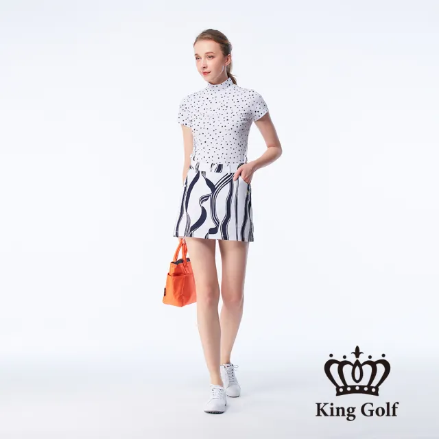 【KING GOLF】速達-網路限定款-女款滿版星星印花線條撞色印圖涼感小立領上衣/高爾夫球衫-白色