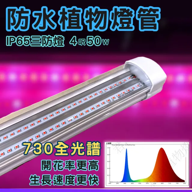 【JIUNPEY 君沛】1入組 730全光譜 IP65防水植物燈 4呎 50W LED植物燈管(三防燈 植物燈 植物生長燈)