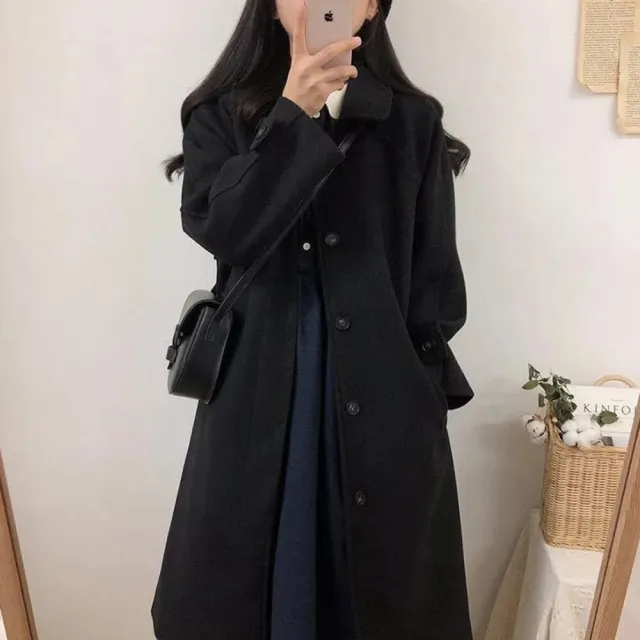 【Uicy】韓版英倫風長版黑色大衣 外套 防曬外套 女裝 上衣 衣 J181