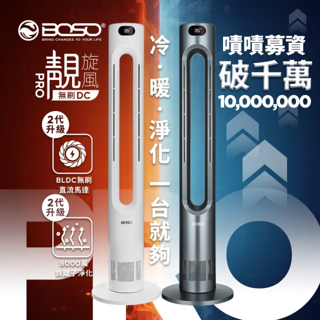 【BOSO】靚旋風Pro 無刷DC負離子空氣淨化無葉冷暖風扇-晨霧白(冷暖扇/涼風扇/循環扇/電暖器/暖風扇)