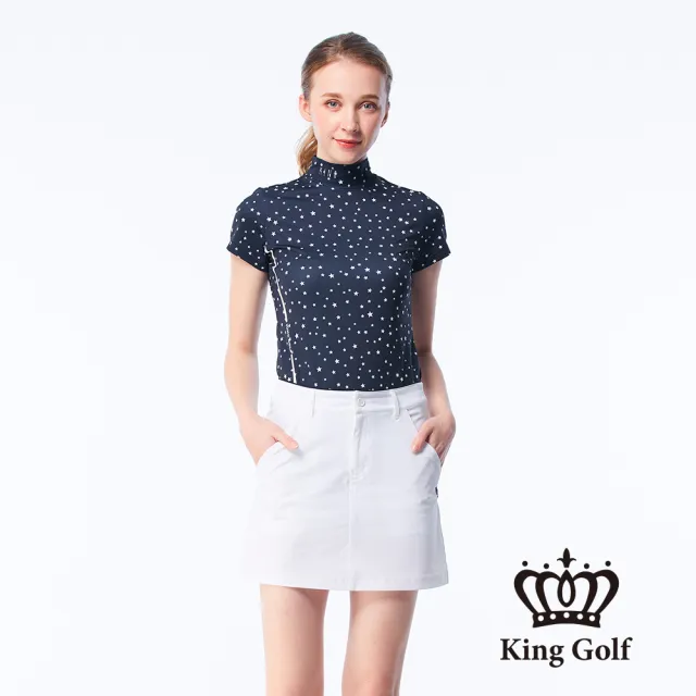 【KING GOLF】速達-網路限定款-女款滿版星星印花線條撞色印圖涼感小立領上衣/高爾夫球衫-丈青