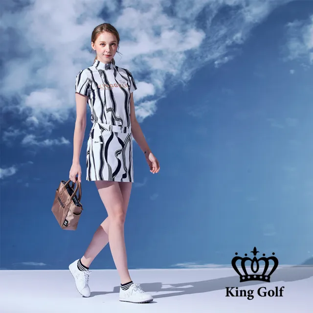 【KING GOLF】速達-網路限定款-女款緞帶剪影印花涼感短袖拉鍊POLO衫/高爾夫球衫-深藍