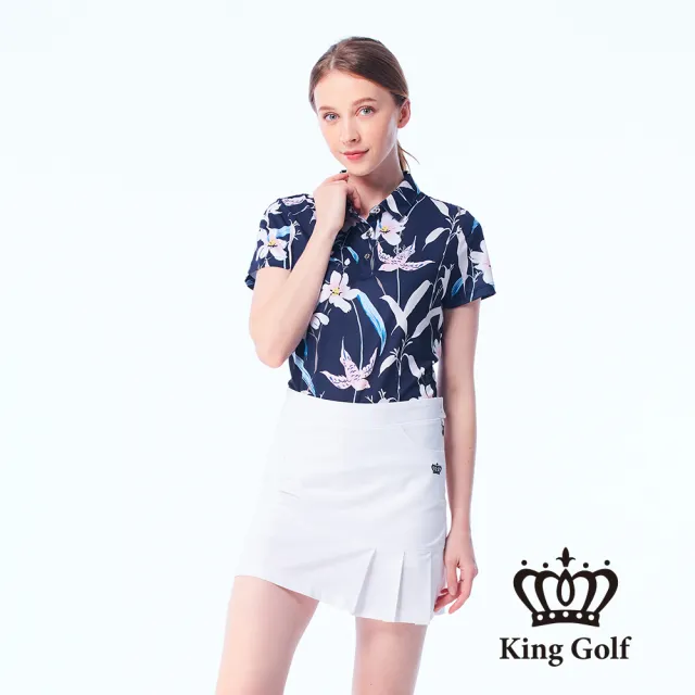 【KING GOLF】速達-網路限定款-女款滿版鳥語花朵印花燙鑽涼感短袖POLO衫/高爾夫球衫-深藍
