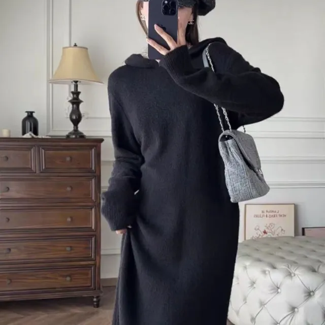 【Uicy】韓版寬鬆顯瘦連帽針織連身裙 套裝 裙子 褲裙 長裙 女 S345