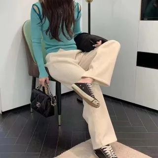 【Uicy】韓版內刷毛加厚運動高腰寬鬆直筒褲 寬褲 褲子 女裝 P302