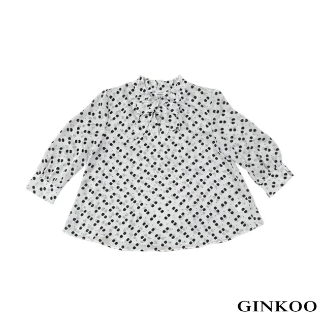 【GINKOO 俊克】黑白點印花荷葉綁帶七分袖上衣
