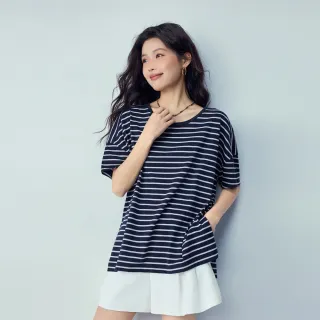 【GIORDANO 佐丹奴】女裝純棉寬鬆落肩條紋短袖T恤(多色任選)