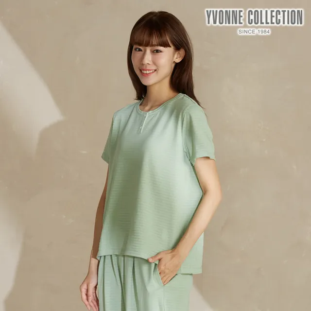 【YVONNE 以旺傢飾】凸條提花半開襟短袖上衣-草原綠