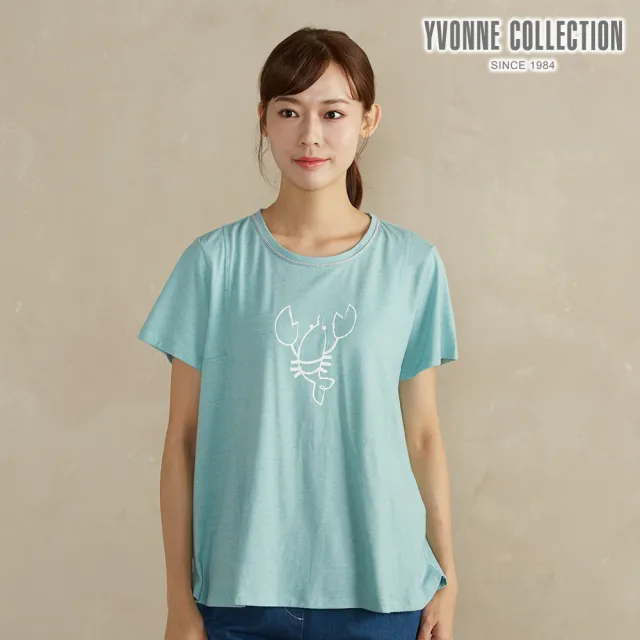 【YVONNE 以旺傢飾】棉麻龍蝦網印短袖上衣-湖水綠