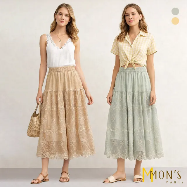 【MON’S】蕾絲拼接層次長裙(直)