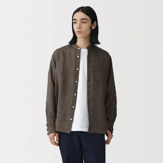 【MUJI 無印良品】男亞麻水洗立領長袖襯衫(白色/原色/淺藍/深藍/墨灰格紋/深棕格紋)