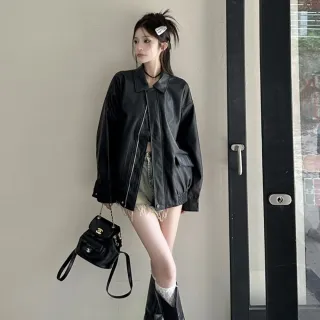 【Uicy】韓版氣質寬鬆皮外套 外套 防曬外套 女裝 上衣 衣服 J382
