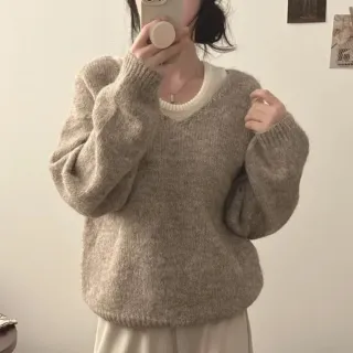 【Uicy】韓版兩件式寬鬆背心+毛衣 長袖上衣 長袖t恤 衣服 女裝 W526