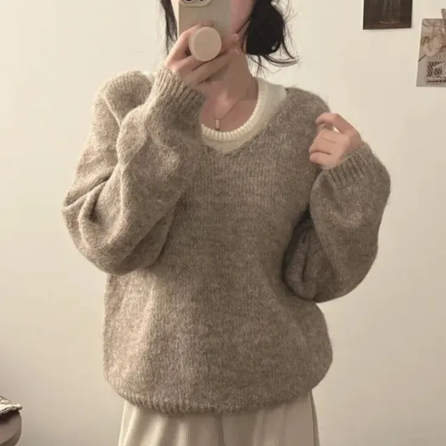 【Uicy】韓版兩件式寬鬆背心+毛衣 長袖上衣 長袖t恤 衣服 女裝 W526