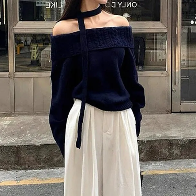【Uicy】韓版氣質一字領針織上衣 長袖上衣 長袖t恤 衣服 女裝 W620