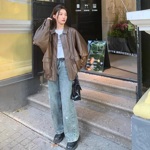 【Uicy】韓版寬鬆復古咖啡色皮衣 外套防曬外套女裝上衣衣 J382