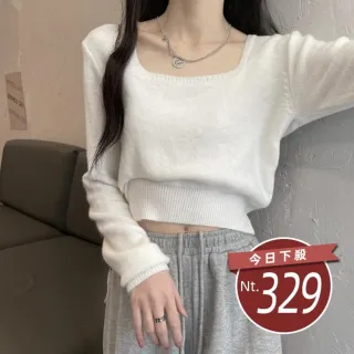 【Uicy】韓版氣質顯瘦方領針織上衣 長袖上衣長袖t恤衣服女 W394