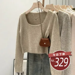 【Uicy】韓版方領顯瘦短版毛衣 長袖上衣長袖t恤衣服女裝上 W394