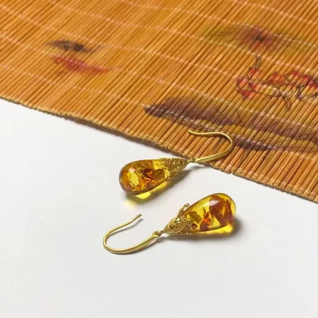 【勝弘珠寶】波羅的海花珀立體水滴耳環