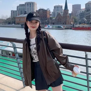 【Uicy】韓版美式寬鬆復古咖色皮衣外套 外套防曬外套女裝 J382