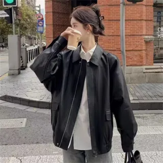 【Uicy】韓版美式寬鬆復古咖色皮衣外套 外套防曬外套女裝 J382