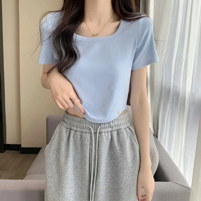 【Uicy】韓版修身顯瘦弧形下擺短版上衣 衣服女裝t恤短袖t恤 T598