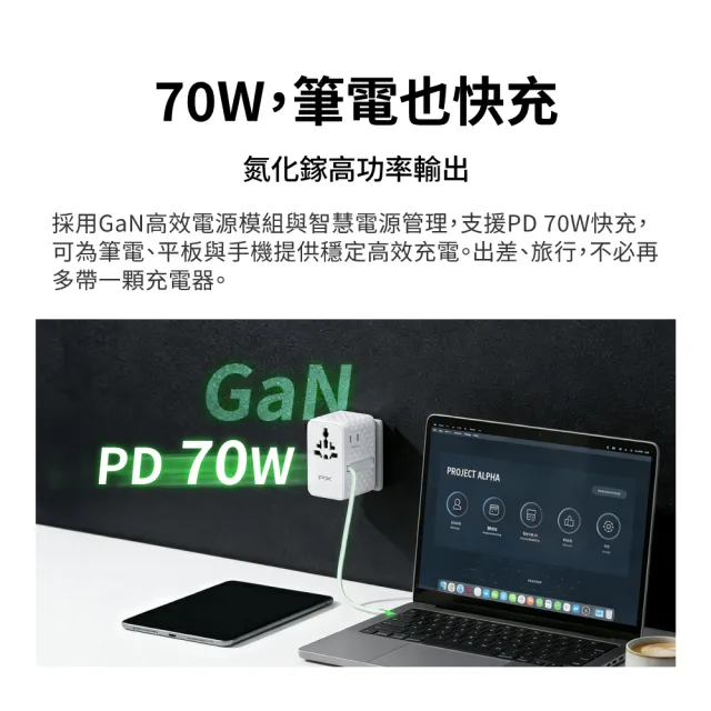 【PX 大通】-70W瓦 氮化鎵 萬國充 充電頭 萬國轉接頭 自帶線 Type C USB 旅行 韓國歐洲澳洲 (WTA-7021CW/B)