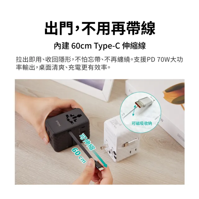 【PX 大通】-70W瓦 氮化鎵 萬國充 充電頭 萬國轉接頭 自帶線 Type C USB 旅行 韓國歐洲澳洲 (WTA-7021CW/B)
