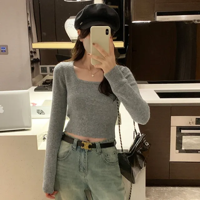 【Uicy】韓版方領短版針織上衣 長袖上衣長袖t恤衣服女裝上 W394